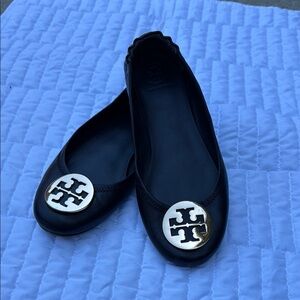 Tory Burch Black and Gold Flats with Iconic Logo